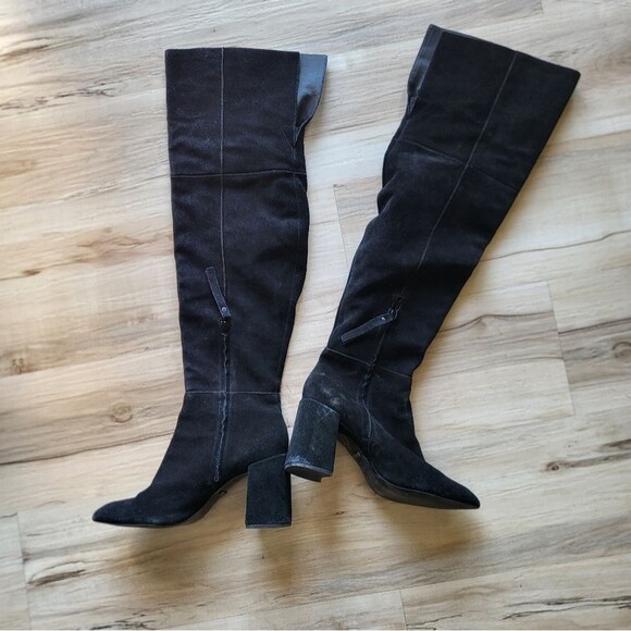 Black Suede Leather Over the Knee Block Heel Boots Sz 38 TopShop - Picture 2 of 10